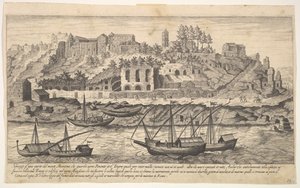 Uitzicht vanaf het westen van de ruïnes van de Aventijnse Heuvel, Rome, met boten op de rivier