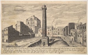 Blad 31: uitzicht op de zuil van Trajanus, getoond met zijn voetstuk uitgegraven uit de aarde, 1606
