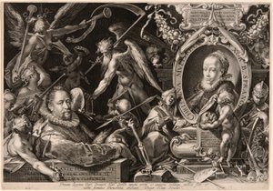 Portret van Bartolomaeus Spranger met een allegorie op de dood van zijn vrouw, Christina Müller