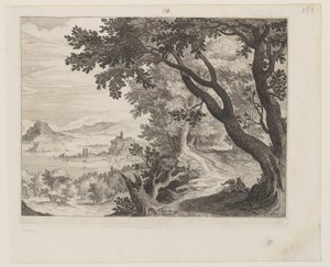 Rivierlandschap met twee mensen zittend onder een boom door Aegidius Sadeler II