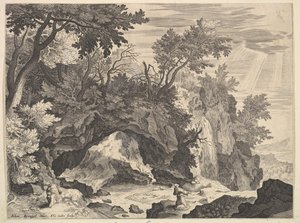 Rotsachtig landschap met de stigmatisatie van Sint Franciscus door Aegidius Sadeler II
