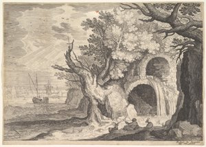 Vernield aquaduct met water dat naar een stroom beneden stroomt, schepen op zee daarachter...