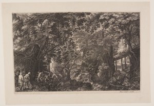 Achtste scène: Een bos met een houten brug, uit Acht scènes uit Bohemen door Aegidius Sadeler II