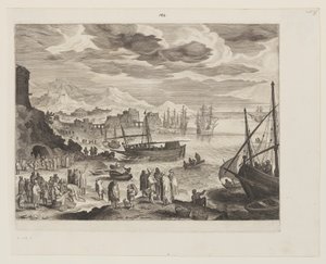 Kust met vissers en visverkopers
