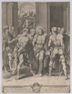 De geseling van Christus, met geselaars aan beide zijden en figuren die vanaf een balkon toekijken, 1593