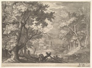 Boslandschap met moerassige oevers, twee mannen en een hond in profiel links, twee langnekken..., ca. 1600