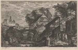 Boerderijen bij een Rivier met een Stad in de Verte