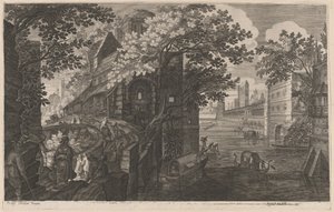 Gondels op een rivier bij een paleis door Aegidius Sadeler II after Pieter Stevens