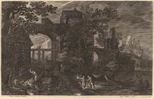 Nachtelijk landschap met rivier vissers buiten de stadsmuren door Aegidius Sadeler II after Pieter Stevens