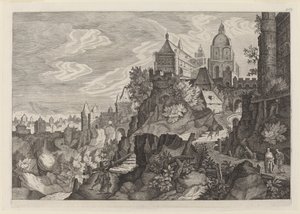 Rotsachtig landschap in Bohemen door Aegidius Sadeler II after Pieter Stevens