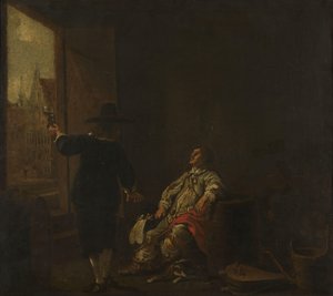 Uithangbord van een wijnwinkel, met wijnproeven aan de ene kant en wijnvaten aan de andere kant door Aelbert Cuyp (circle of)