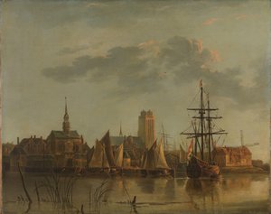 Gezicht op Dordrecht bij zonsondergang