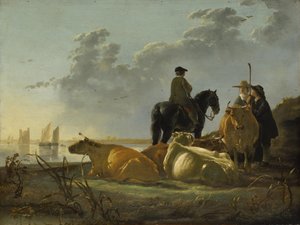 Boeren en vee aan de rivier de Merwede