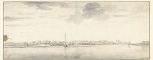 Uitgestrekt riviergezicht met schepen op kalm water door Aelbert Cuyp