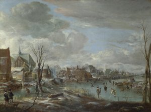 Een bevroren rivier bij een dorp, met golfers en schaatsers
