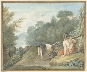 Herderin met geiten in een landschap met een meer