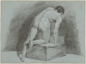 Mannelijk naakt, voorovergebogen, op de rug gezien