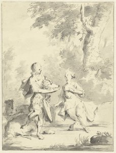 Meleager geeft Atalante de kop van het Calydonische everzwijn door Aert Schouman
