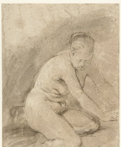 Knielende vrouwelijke naakt met uitgestrekte armen door Aert de Gelder (attributed to)