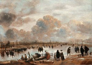 Een Winterlandschap met Schaatsers en Stadsbewoners op een Bevroren Waterweg door Aert van der Neer