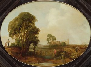 Een landschap met rietsnijders