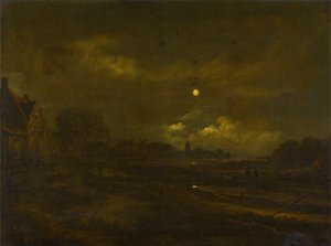 Een maanverlicht rivierlandschap met daarachter een dorp, een windmolen en een kerk, met reizigers op een pad op de voorgrond
