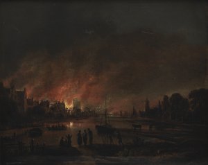 Brand in een dorp bij nacht door Aert van der Neer