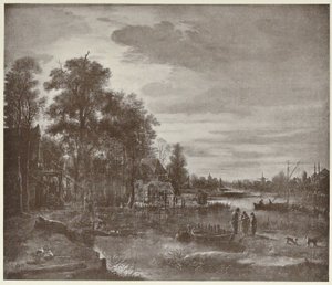 Rivierlandschap bij maanlicht met figuren