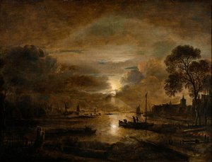 Maanlicht aan een Nederlandse rivier, c.1650