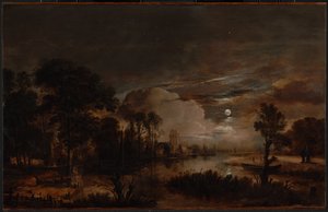 Maanverlicht landschap met uitzicht op de Nieuwe Amstel en Kasteel Kostverloren