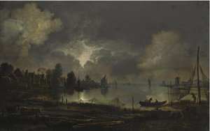 Gezicht op een stad aan een meer bij maanlicht, met netten die te drogen hangen