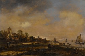 Weids rivierlandschap met kasteel en dorp