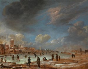 Winterlandschap bij een stad met kolfspelers door Aert van der Neer
