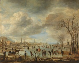 Winterlandschap bij een Stad met Kolfspelers en Paardensleeën