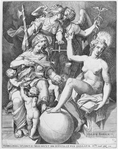 Allegorie van de Psalm van David, Misericordia zittend links voedt vier kinderen, 1579 door After Agostino Carracci.