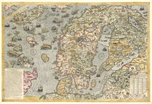 Een getrouwe reproductie van Carta marina (een wandkaart van Scandinavië door Olaus Magnus gepubliceerd in 1539)