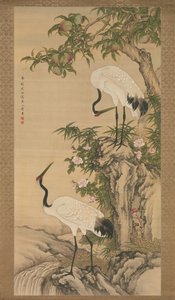 Kraanvogels, perzikboom en Chinese rozen, begin 18e eeuw door After Shen Quan
