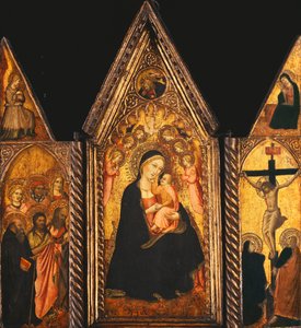 Een draagbaar drieluik met de Madonna en Kind op de troon met engelen