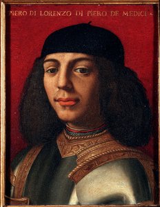 Portret van Peter II van Medici (1472-1503) (Piero di Lorenzo de Medici of Piero de Ongelukkige) Italiaanse politicus en militair, zoon van Lorenzo de Magnifieke Schilderij door Agnolo Allori genaamd de Bronzino (1503-1572), olieverf op koper Dim 15x12 cm