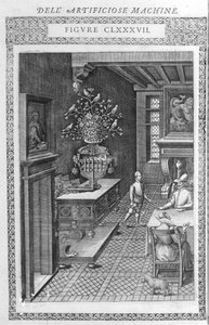 Fontein met nepvogels die zingen. Dit is een project van Agostino Ramelli, volgens “Diverse en Artificiose Machines”. Milaan 1600.