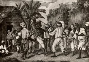 Knokpartij tussen Engelse en Franse negers op het eiland Dominica, Santo Domingo door Agostino Brunias