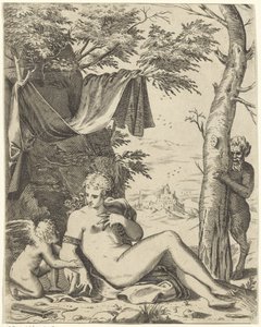 Venus, Amor en sater door Agostino Carracci (attributed to)