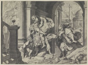Aeneas vlucht met zijn familie uit Troje door Agostino Carracci