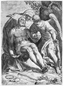 Pieta, Christus ondersteund door de Maagd en een engel aan de rechterkant