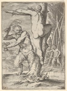 Sater geselt een nimf, die van achteren wordt getoond en aan een boom is gebonden, een tweede sater door Agostino Carracci