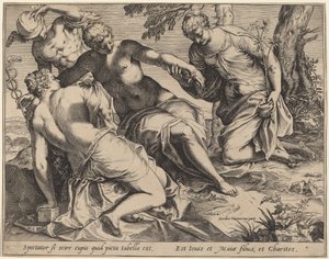 Mercurius en de drie Gratiën door Agostino Carracci after Jacopo Tintoretto