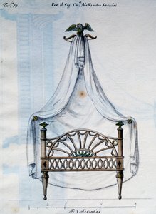 Hemelbed voor Alexander Saracenen, uit Lavori di falegname e Fabbro ideati e disegnati da me Agostino Fantastici (Werken van timmerman en slotenmaker bedacht en ontworpen door mij Agostino Fantastici), manuscript 3, plaat 18 (1782-1845) door Agostino Fantastici