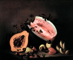 Stilleven van papaja, watermeloen en cashew