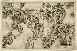 Schetsen van decoratieve motieven (recto); Schets van decoratief motief (verso) door Agostino Mitelli