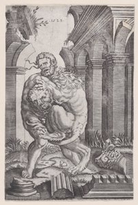 Hercules Wurgt de Nemeïsche Leeuw, gedateerd 1528 door Agostino Veneziano